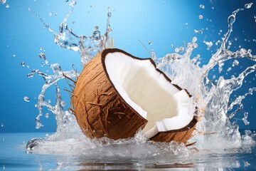 Coconut Halves Erupting with a Splash in Tropical Water Bliss - Generative AI