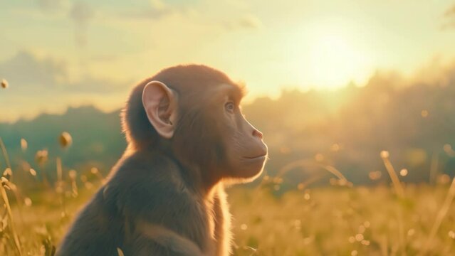 monkey in a field. 4k video animation