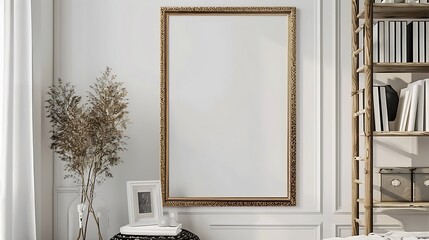 A mockup poster blank frame in an ornate gold frame, above a woven ladder shelf, surrounded by...