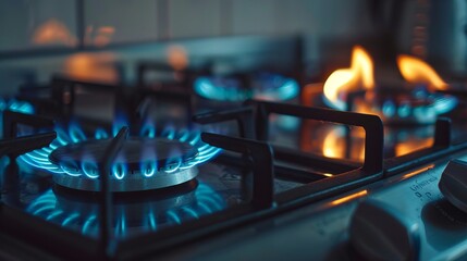 A gas flame on a cooker hob, showcasing its warmth and intensity in a close-up. Generative AI technology