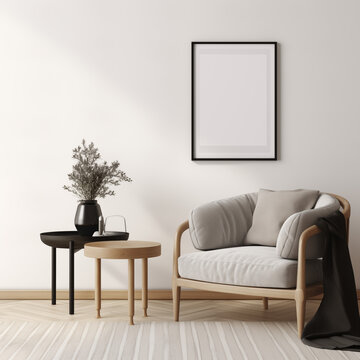 Black Frame mockup, white wall, Interior , neutral tones, modernd  background, candles, flower in pot, fireplace, TV Art