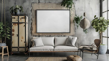 A mockup poster blank frame hanging on an industrial locker, above a modern couch, entertainment room, Scandinavian style interior design