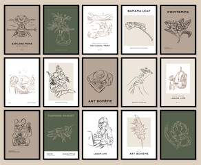 Abstract travel and floral poster set. Modern trendy minimal style. Floral, landmarks, woman portrait. Hand drawn design for wallpaper, wall decor, print, postcard, cover, template, banner.