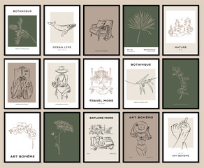 Abstract travel and floral poster set. Modern trendy minimal style. Floral, landmarks, woman portrait. Hand drawn design for wallpaper, wall decor, print, postcard, cover, template, banner.