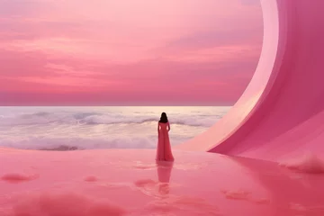 Behangcirkel Mysterious woman walking through a pink landscape pink fantasy world AI Generated   © Umar