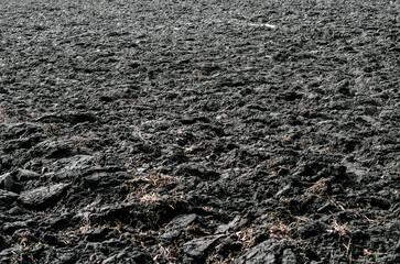 Black arable land plowed in spring. Soil preparation in the field for sowing crops