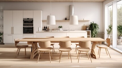 Fototapeta premium An eat-in kitchen interior design in modern scandinavian style with big wooden table and chairs against light wood floor, bright white walls and furnitures with TV, appliances and hanging light bulbs