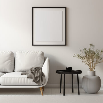 Black Frame mockup, white wall, Interior , neutral tones, modernd  background, candles, flower in pot, fireplace, TV Art