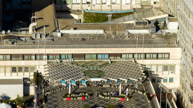 Aerial view of the entrance of the Gemelli University Hospital located in Rome, Italy. It's a general hospital and serves as the teaching hospital for the medical school of the Cattolica University.