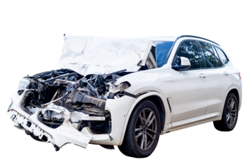 Full body front and side view of white car get damaged by accident on the road. damaged cars after collision. Isolated on transparent background, car crash broken