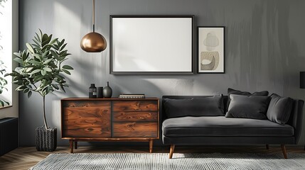 A mockup poster blank frame hanging on a refurbished dresser, above a stylish sofa, family room, Scandinavian style interior design