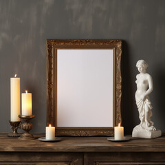 Ornate Golden Frame with Lit Candles and Artistic Decor Pieces on Dark Wooden Table Vintage Interior Design