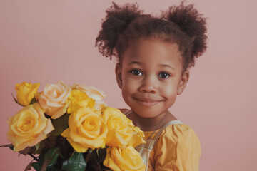 niña afroamericana sonriente peinada con trenzas sosteniendo entre sus brazos un ramo de rosas amarillas, sobre fondo rosa claro pastel - obrazy, fototapety, plakaty