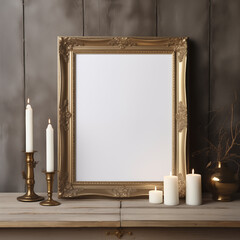 Classic Wooden Frame Surrounded by Warm Candle Glow on Old-World Table Cozy Home Decor Mockup