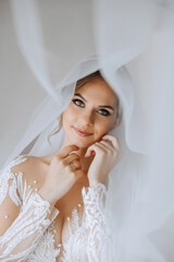 Beautiful young bride holding veil in white wedding dress, portrait of brunette bride in hotel...
