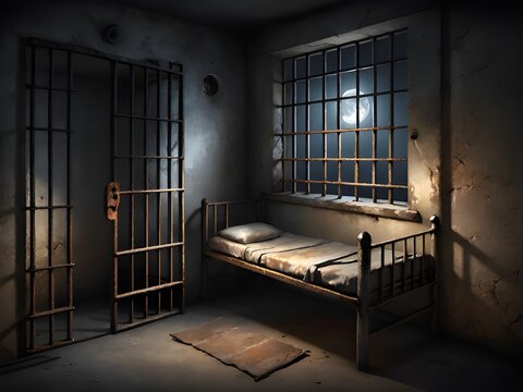 empty prison cell room with bed and prison cell.