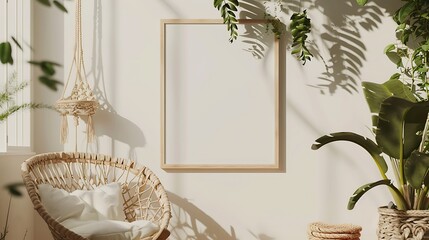 A mockup poster blank frame with a simple wooden design, hanging above a rattan hanging chair, with a hanging macrame plant holder nearby, in earthy tones