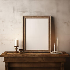 Sophisticated Picture Frame with White Pillar Candles and Bronze Decor on Vintage Table Elegant Interior