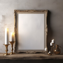Baroque Style Frame and Candlesticks Set on Rustic Wooden Surface Traditional Art Display Mockup