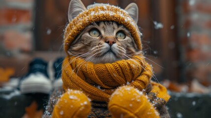 a cat in a winter hat and scarf on the street during the day in winter