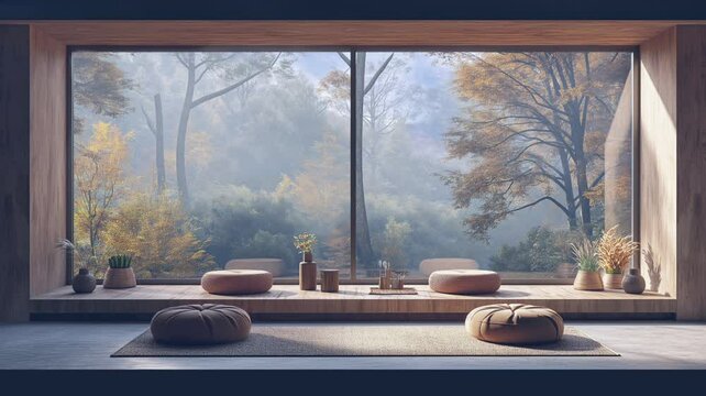 A wooden window frames a breathtaking view of trees in the forest, creating a serene and natural scene. Each wood grain adds warmth to the lush greenery outside. As time passes, seamless time lapse