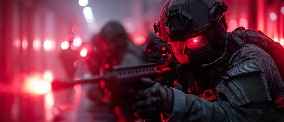 Naklejka premium Special Forces Soldiers In Neon Lighting. Illustration On The Theme Of Troops And Weapons, Conflicts And Wars. Illustration on the theme of fantasy and cinema, comics and TV series. Generative AI 