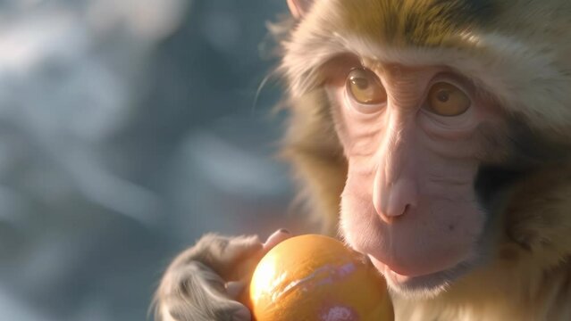cute macaque monkey eating a fruit. 4k video animation