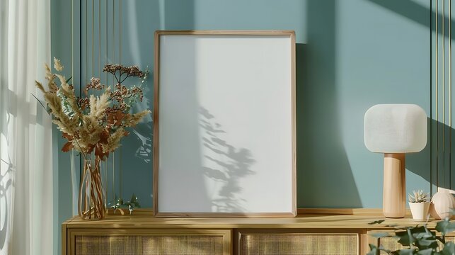 A mockup poster blank frame on a mid-century sideboard, adorned with a dried flower arrangement and minimalist lamp, in muted greens and blues