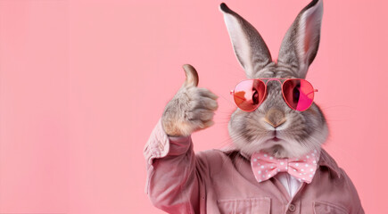 A large Easter bunny wearing a shirt and a bow tie shows his thumb. A hare wearing sunglasses looks at the camera on a pink background. Banner. Place for text - obrazy, fototapety, plakaty