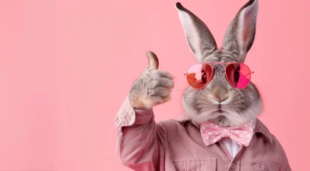 Foto op Aluminium A large Easter bunny wearing a shirt and a bow tie shows his thumb. A hare wearing sunglasses looks at the camera on a pink background. Banner. Place for text © Nataliia_Trushchenko