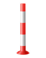 Safety delineator with white stripes. Reflective Channelizer Cone. Realistic 3d vector. Traffic posts with different types of base. Parking Pole Post, Portable Safety Cones for Road, Garage,