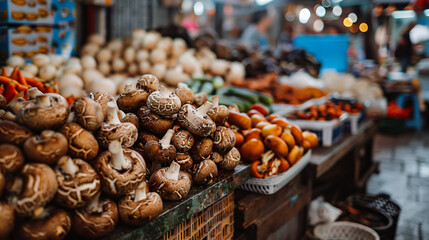 Champignon mushrooms in the market.