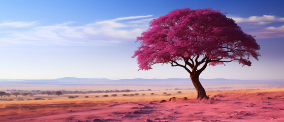 A striking fuchsia tree stands out against the barren desert landscape, its vibrant color contrasting with the sandy surroundings. Empty space and place for text