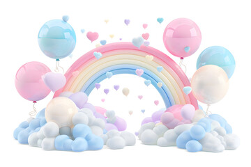 3D Colorful rainbow clouds and Birthday balloons arc podium isolated on white background

