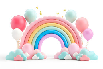 3D Colorful rainbow clouds and Birthday balloons arc podium isolated on white background
