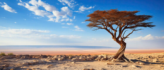 In the barren expanse of the desert, a single tree stands tall and proud. Surrounded by sand, the tree symbolizes strength in the harsh environment. Natural landscape wallpaper background