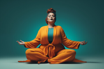 A  beautiful plus size woman exudes tranquility in a meditative state, dressed in a chic orange ensemble with a teal headband, against a matching teal background.
