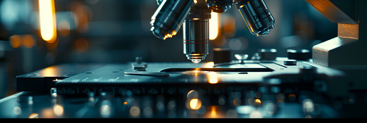 Futuristic Microscopy.Exploring Close-up of lens of microscope  - obrazy, fototapety, plakaty