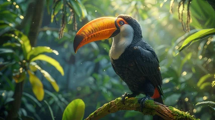 Foto op Plexiglas A toucan perches on a branch in the lush rainforest, its vibrant beak a splash of color against the verdant foliage of its tropical habitat.  © Anaya