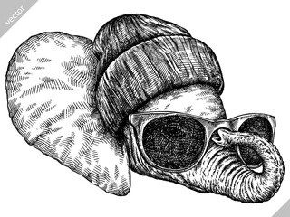 Vintage engraving isolated elephant glasses dressed fashion set illustration ink sketch. African bishop background animal silhouette sunglasses hipster hat art. Black and white hand drawn vector image