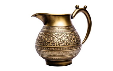 A gold colored pitcher with a handle sits prominently. on White or PNG Transparent Background.