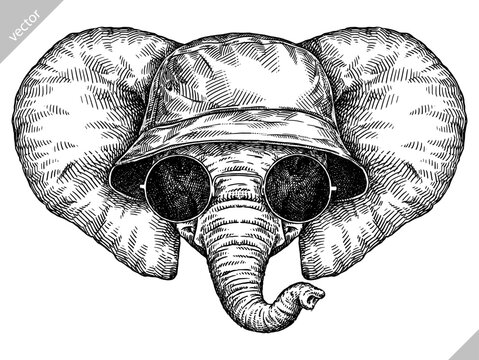 Vintage engraving isolated elephant glasses dressed fashion set illustration ink sketch. African bishop background animal silhouette sunglasses hipster hat art. Black and white hand drawn vector image