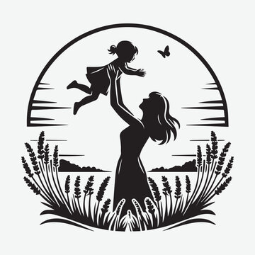Beautiful Mother and Cute Baby Vector Illustration. Mom holds, Kiss, and Play silhouette 
