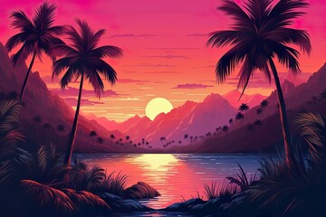 Silhouette of palm tree  Panorama of sunset of tropical coastline Purple sunset with clouds Violet...