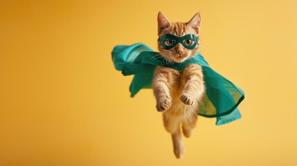 adorable and cute cat. superhero, scotch whiskey with a green cloak and mask. The concept of a superhero, super cat, leader. On a yellow backgrounds. 