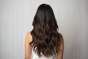 Fototapeta premium Back view of a woman's glossy, long wavy dark hair against a striped background