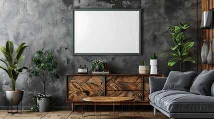 A mockup poster blank frame hanging on an antique sideboard, above a trendy loveseat, bar area, Scandinavian style interior design