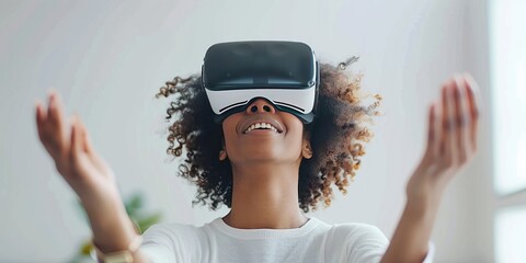 Young woman immersed in virtual reality experience wearing VR headset modern depiction of futuristic technology and networked entertainment showcasing joy and innovation of digital simulation