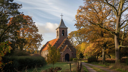 Church tower in the rural village of Harmelen. - obrazy, fototapety, plakaty