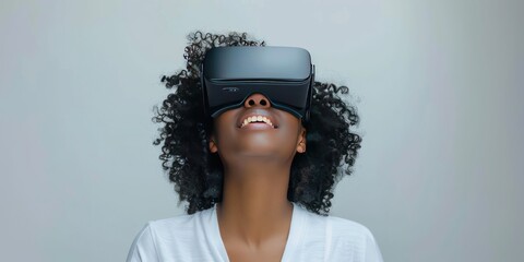 Young woman immersed in virtual reality experience wearing VR headset modern depiction of futuristic technology and networked entertainment showcasing joy and innovation of digital simulation